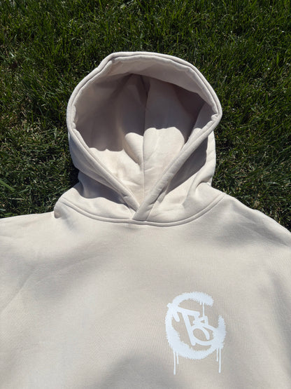 bone colour hoodie with white logo