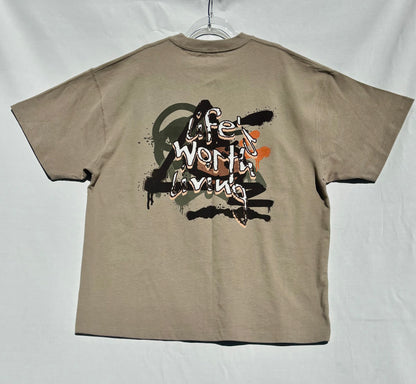 Beige life's worth living t-shirt with graphic design on a white background